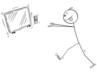 Vector cartoon stick figure drawing conceptual illustration of media addicted man trying to get to TV, telly or television entertainment.