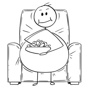 Cartoon stick drawing illustration of fat or overweight man sitting on armchair, watching tv or television and eating unhealthy food. Concept of unhealthy lifestyle.