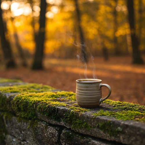 tasse fumante posée sur une murette en pierre couverte de mousse dans une foret d'automne