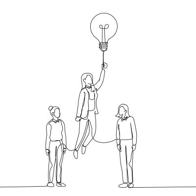 Illustration of businesswoman rising on bulb balloon try to find opportunity. One line art style